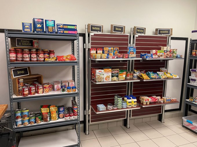 Food on the shelves of Petey's Pantry